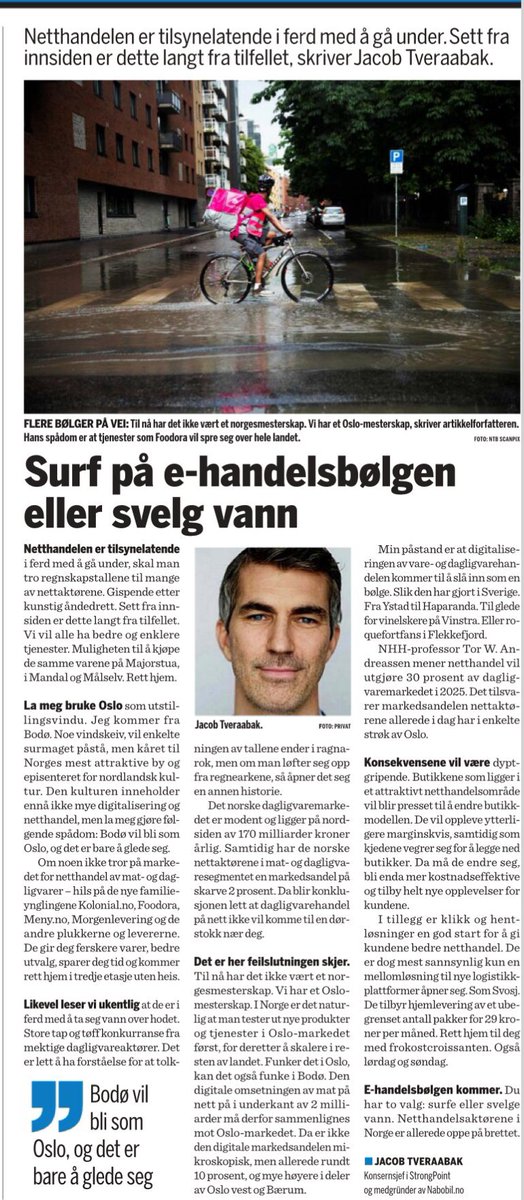 «Netthandelen er tilsynelatende i ferd med å gå under. Sett fra innsiden er dette langt fra tilfellet, skriver Jacob @Tveraabak, konsernsjef i StrongPoint, i sitt leserinnlegg i Finansavisen «Surf på e-handelsbølgen eller svelg vann»