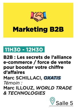 Rappel #ParisRetailWeek : ⌚️dans 30 mn Atelier conférence “ Les secrets de l'alliance e-commerce / force de vente pour booster votre chiffre d'affaires ”
➡️Atelier B2B à 11h30 Salle 5
avec la participation de Marc Illouz de World Trade &amp; technologies