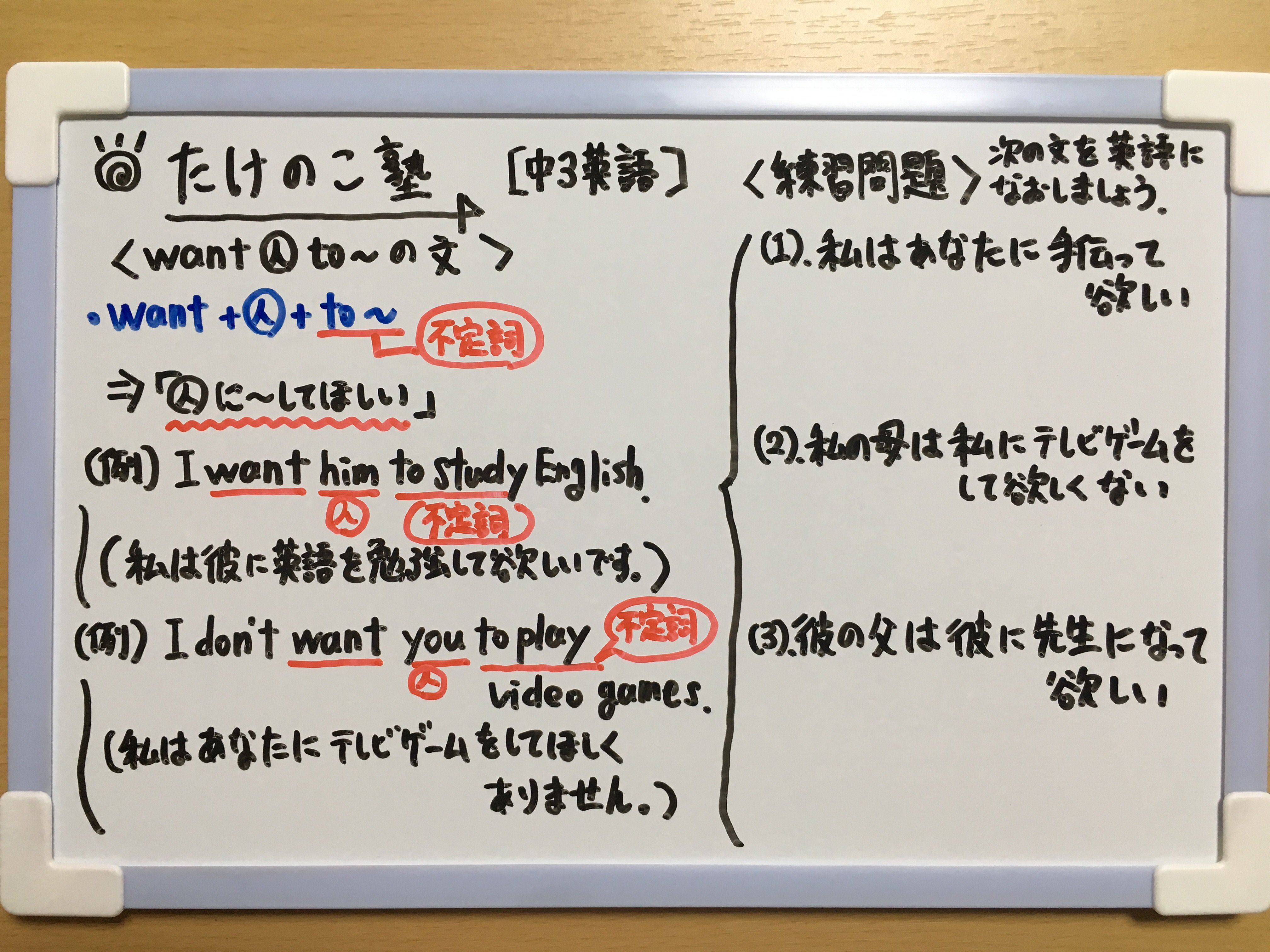 たけのこ塾 中3英 Want 人 To の問題です Want 人 To 人に して欲しい Lt 問題 Gt 私はあなたに手伝って欲しい 私の母は私にテレビゲームをして欲しくない 彼の父は彼に先生になって欲しい 詳しくは画像をご覧下さい