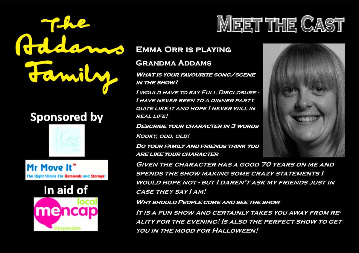 Today we meet our second character - Grandma, played by the fab Emma 😀🖤👻🧟♂️
8-12th October 2019 at the @HarpendenHalls
@HarpendenMencap
https://t.co/LI9pXXX4O8
#hmtctheaddamsfamily #whenyouranaddams #meettheaddams #supportlocaltheatre #amateurtheatre https://t.co/Eq1aiFzUtI
