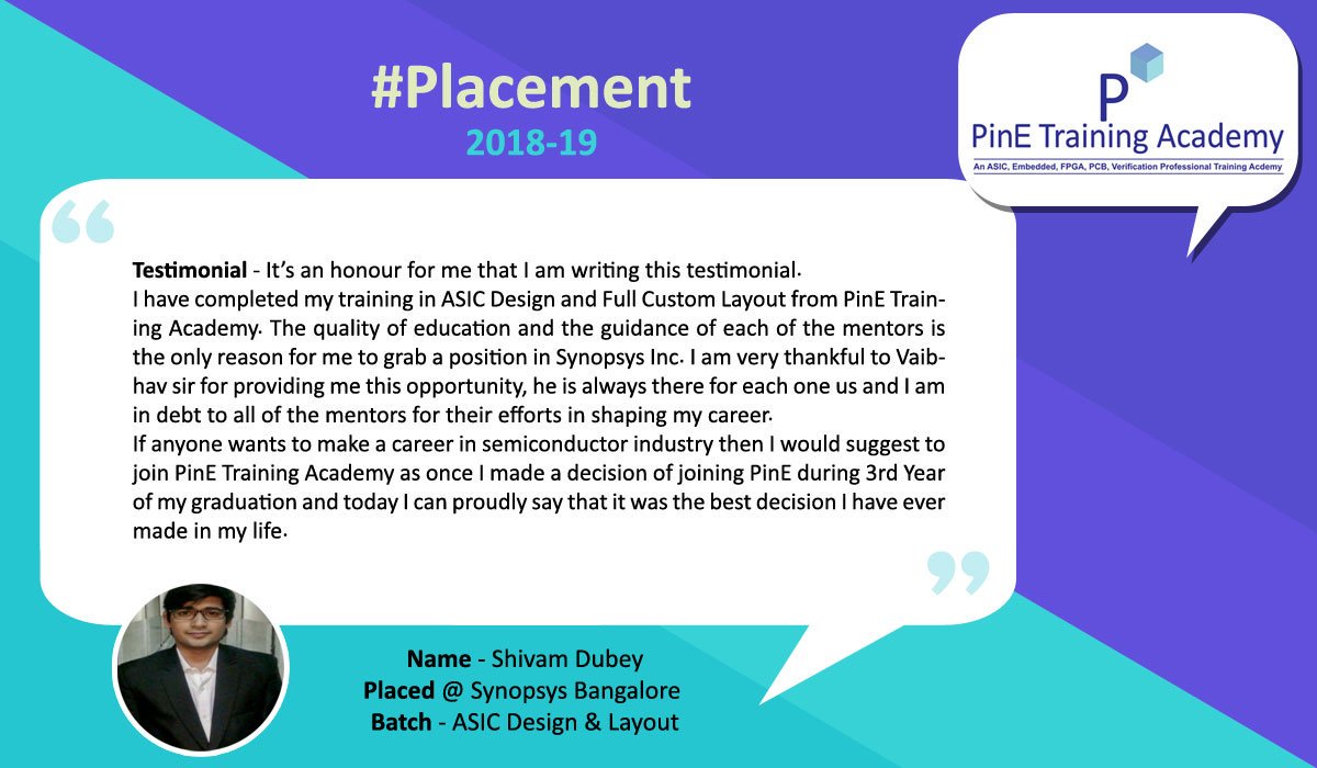 PINE_ACADEMY's tweet photo. #Placement2019 Congrats Shivam Dubey!! Placed at Synopsys Bangalore | Batch – ASIC Design &amp; Layout. Get full placement list: https://t.co/10iv9DANNz | #asicdesign #vlsi #synopsys #career #placement https://t.co/wDiUn816ty