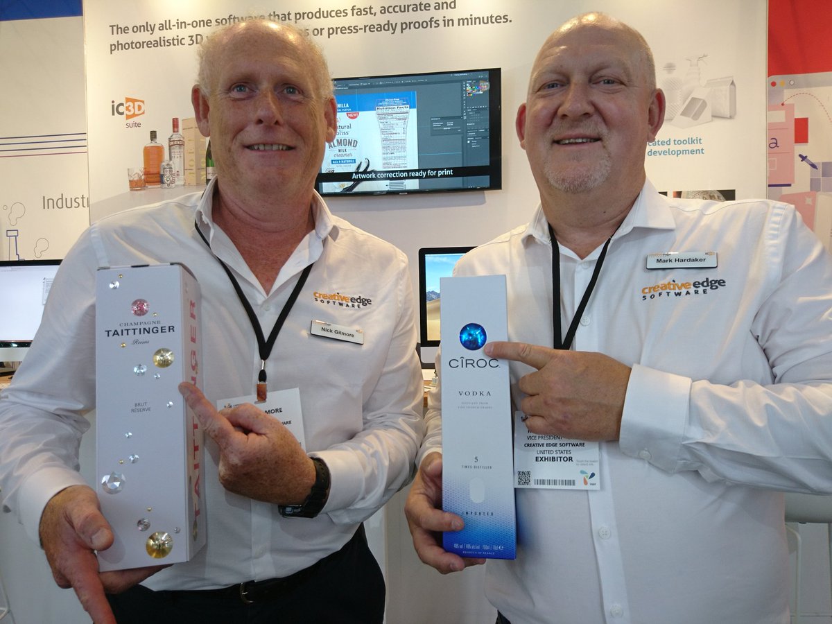 iC3Dsuite's tweet photo. Nick and Mark are ready to show off the new #Fresnel and #holographic effects in iC3D 6.0 on Booth 8A10 @Labelexpo #packagingd #labels #branding #labelexpo2019 https://t.co/PU8cuawiQy