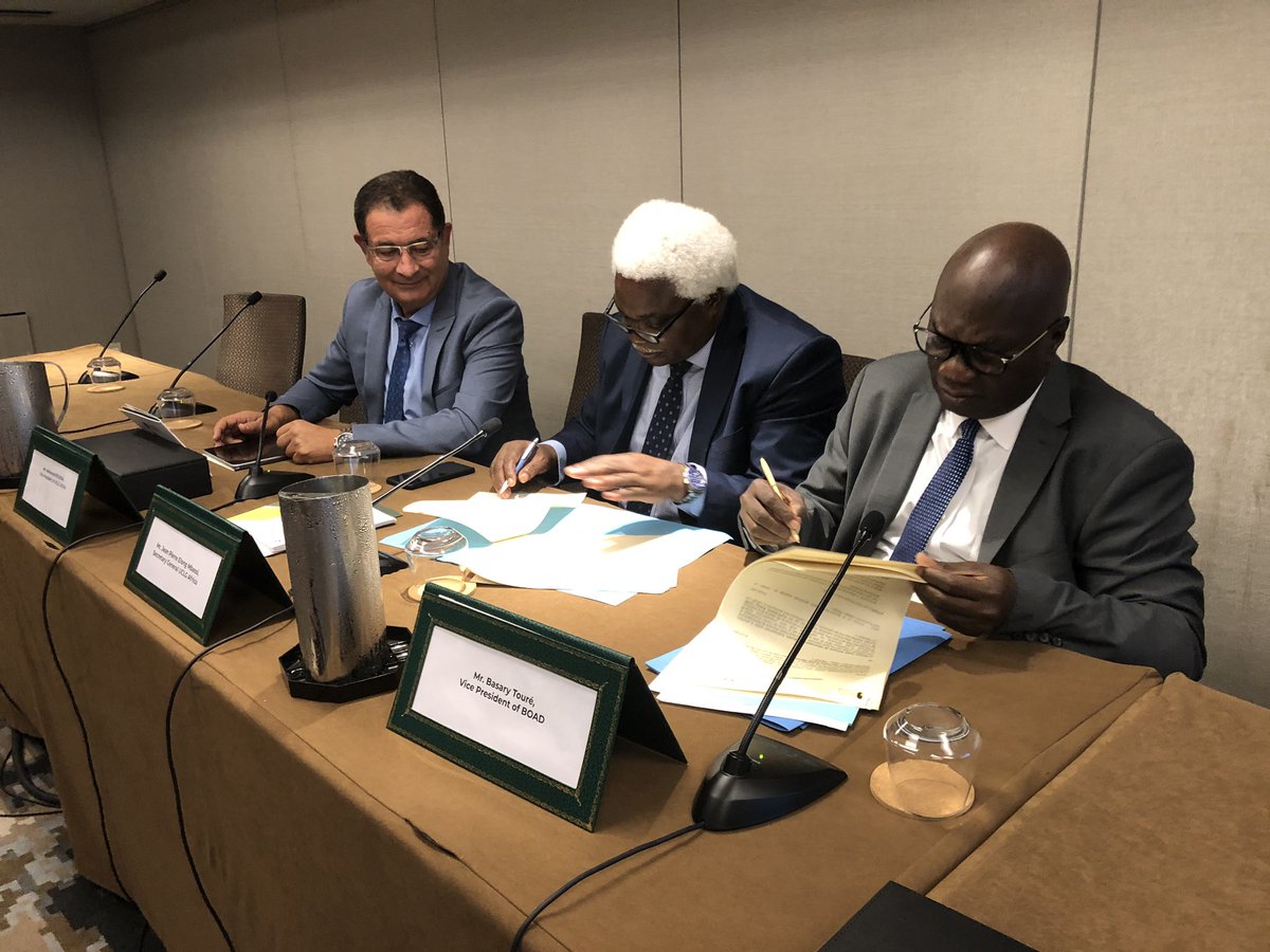 UCLGAfrica's tweet photo. Momentous signing of MOU between #ClimateTaskForce &amp; West African Development Bank at #UNClimateSummit. The pace has been set with a number of bilateral meetings arranged with Ministers from Morocco &amp; Kenya on #NDCdialogues moving from National to Local to #StepUpClimateAction https://t.co/8CMz5KmBJN