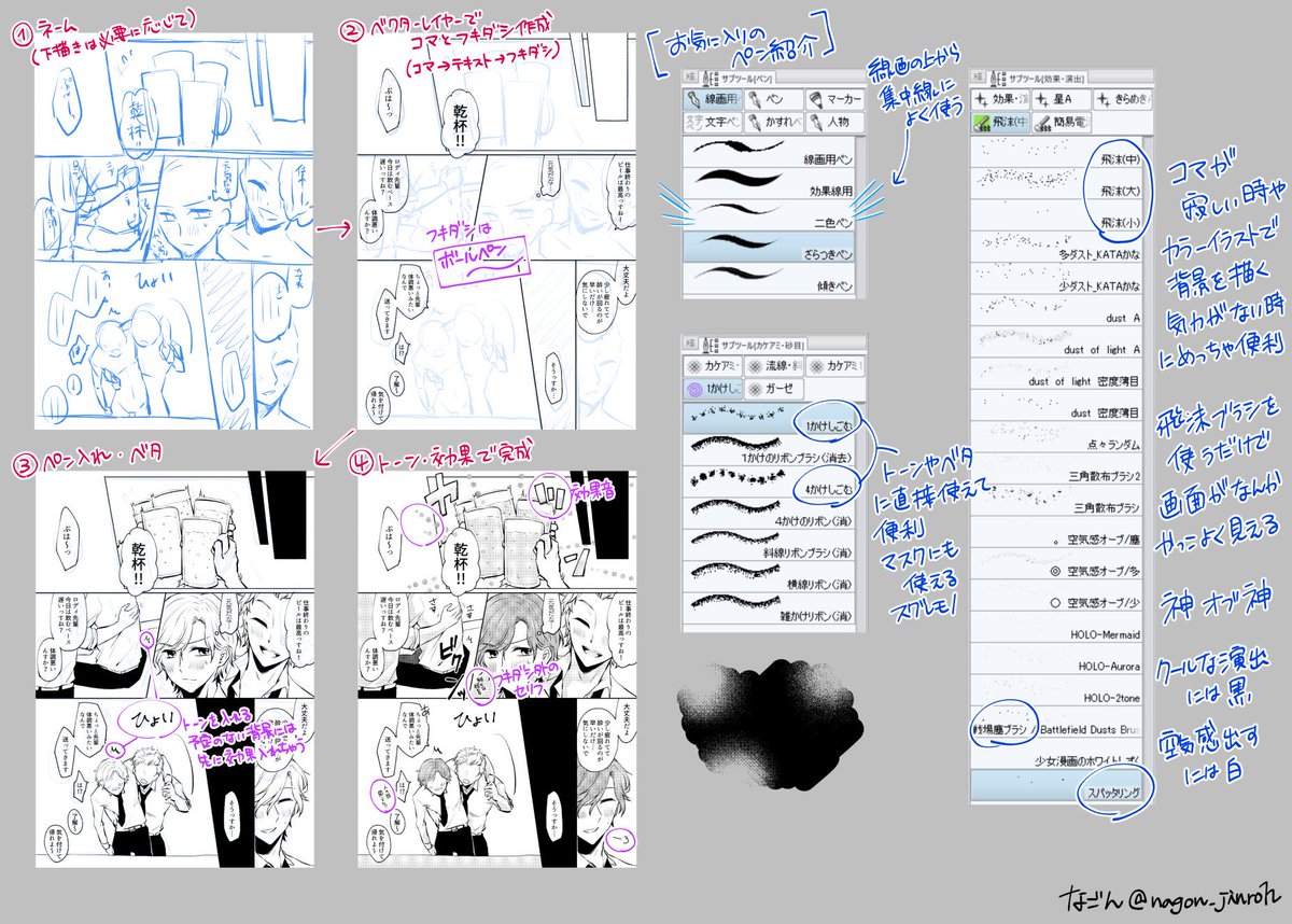 なごん Di Twitter 作業の合間にちょこっとメイキング 時短厨なので細かい下書き描かなかったりクリスタのコマ割り機能使わなかったり これから絵を描きたい方向けにペンとブラシの紹介をちょこっと入れておきました