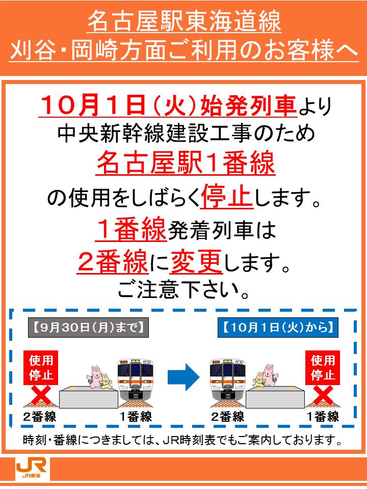 東海道線 豊橋 米原 運行情報 ｊｒ東海公式 On Twitter お知らせ 10月1日 火 より名古屋駅１番線発着列車は2番線に変更します １番線の使用をしばらく停止します
