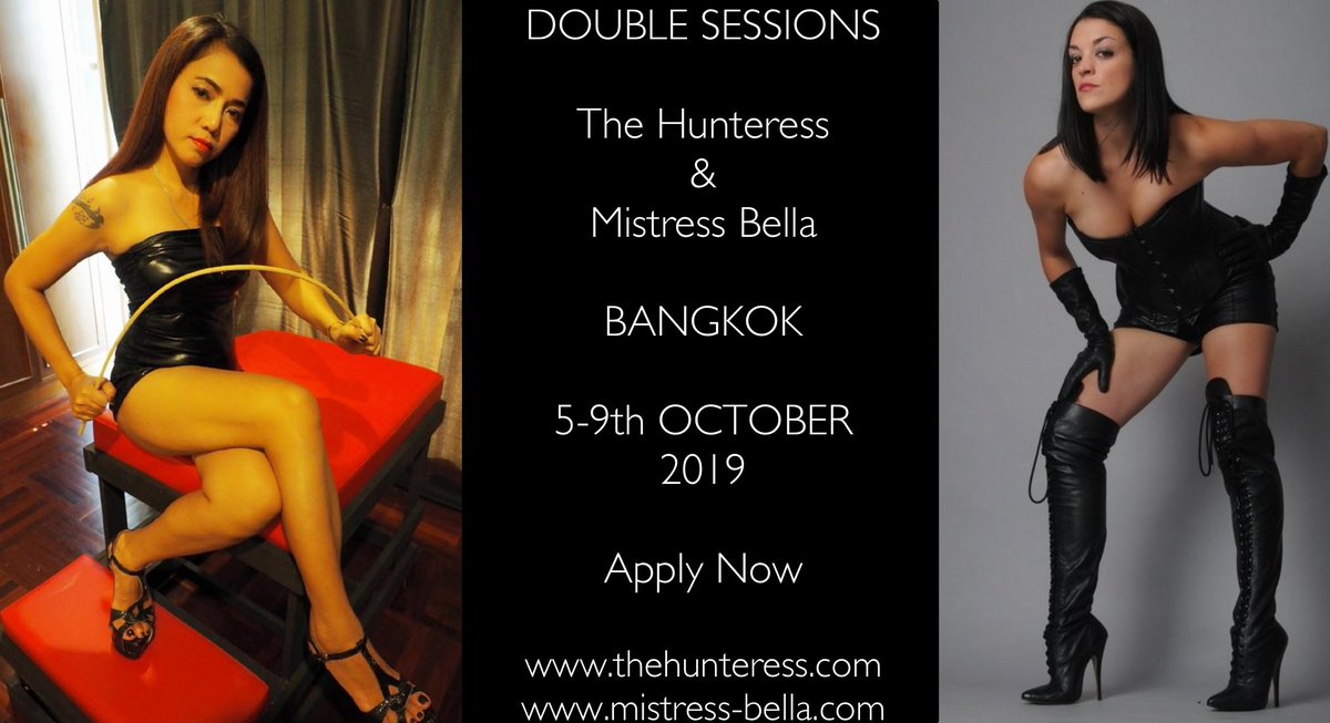 slave2Hunteress's tweet photo. The @_Hunteress_ will be visiting #Bangkok during 5-9th October.  She will be available for solo sessions or double sessions with a Thai Domina, Mistress Bella.  See her website https://t.co/bJgBWovNgg for more details and https://t.co/U6WVq1C0Wb https://t.co/IxNf92UHvN