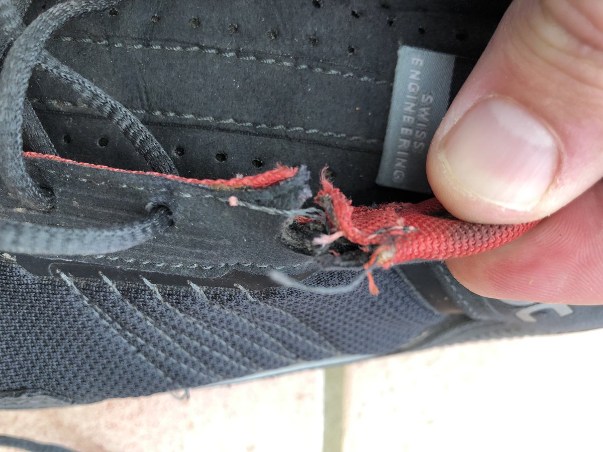 sicarter77's tweet photo. @on_running owned these for a while, but they’ve not done many miles. Lace hole has broken. What chance a repair or replacement? https://t.co/3U1t8ugHVH