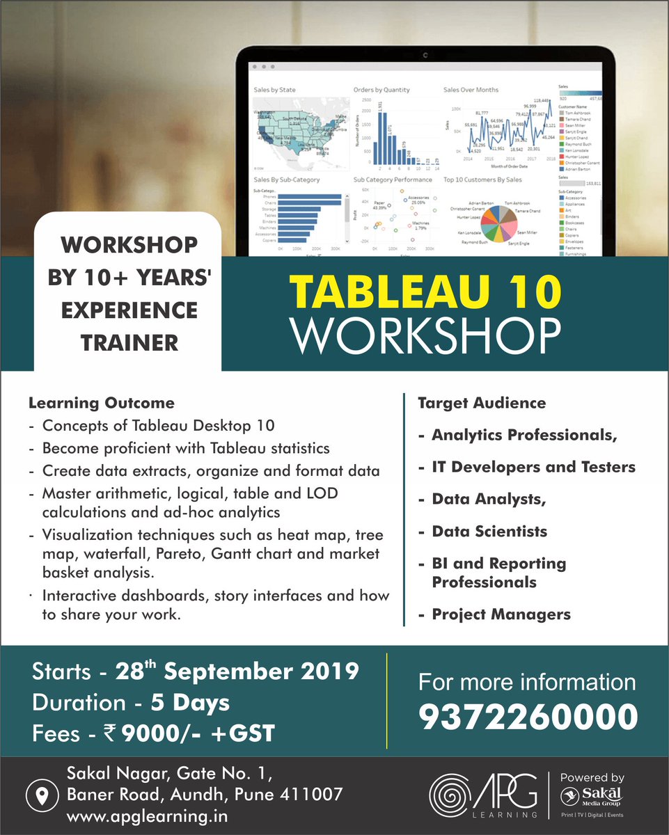APG_Learning's tweet image. ✔Prepare to ace the Tableau Desktop 10 and become capable of working on assignments that require such expertise.
✔For more details, call 9372260000
#tableau #analytics #technologycourse #learning #workshop #pune