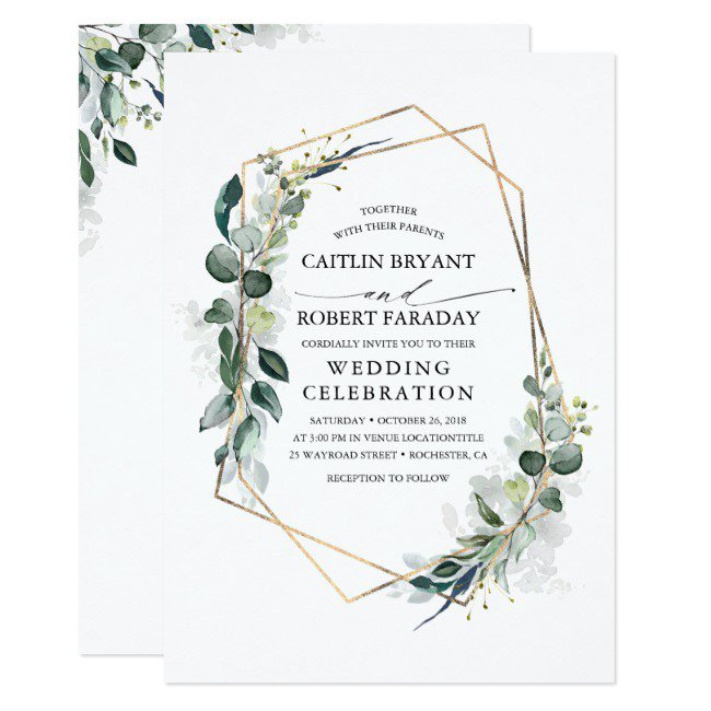 Eucalyptus Greenery Geometric Modern Wedding Invitation #greenerywedding #botanicalleavesgreenandwhite #geometricgoldfoilfloralwreath #terrariummodernnaturalecodiy #simplecalligraphyrusticgreenery #floral #watercolor #wedding #invitations #zazzlemade