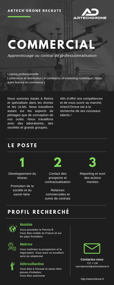 Poste à pourvoir chez <a href="/Artechdrone/">Artechdrone</a> !

Recherche #apprenti #commercial dans l'une des sociétés avec laquelle j'ai la chance de travailler aujourd'hui !

Boulot varié, vrai #apprentissage, beaucoup d' #opportunités de développement, et plein de choses à découvrir surtout !

#job