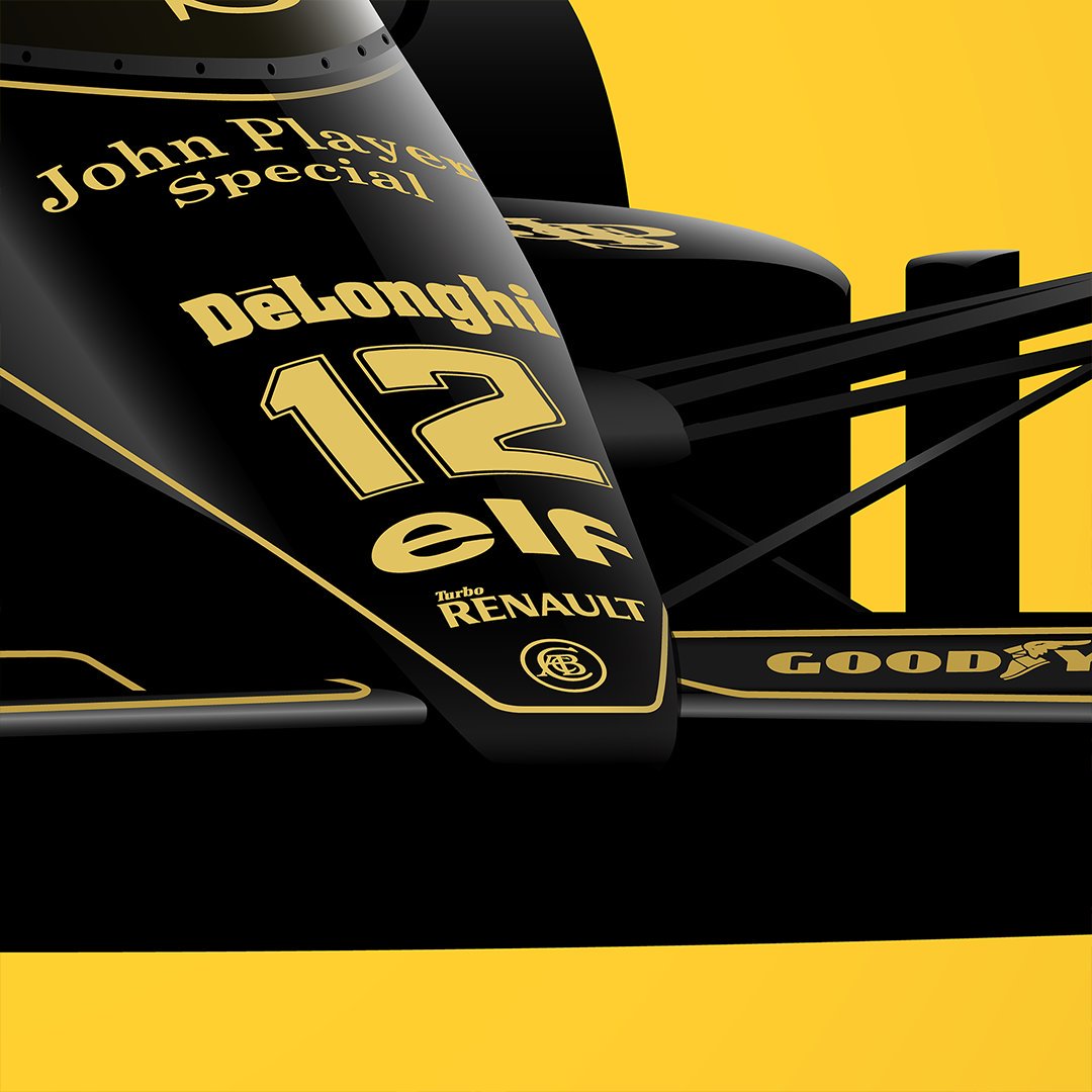 Vector illustration of Senna's Lotus 98T with the iconic JPS livery from 1986.
Buy this print and other high quality illustrations here: motorsportsociety.com

#senna #ayrtonsenna #sennasempre #f1 #johnplayerspecial #jps #98t  #lotus #cars #formula1 #vector #racing #design #art