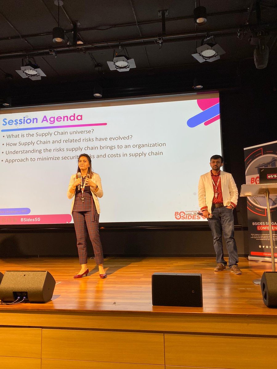 BSidesSG's tweet photo. @Neh_shukla and @Dharmesh_Mehta is on stage taking about changing face of supply chain security. #BSidesSingapore #BSidesSG https://t.co/Os3SCIjBQC