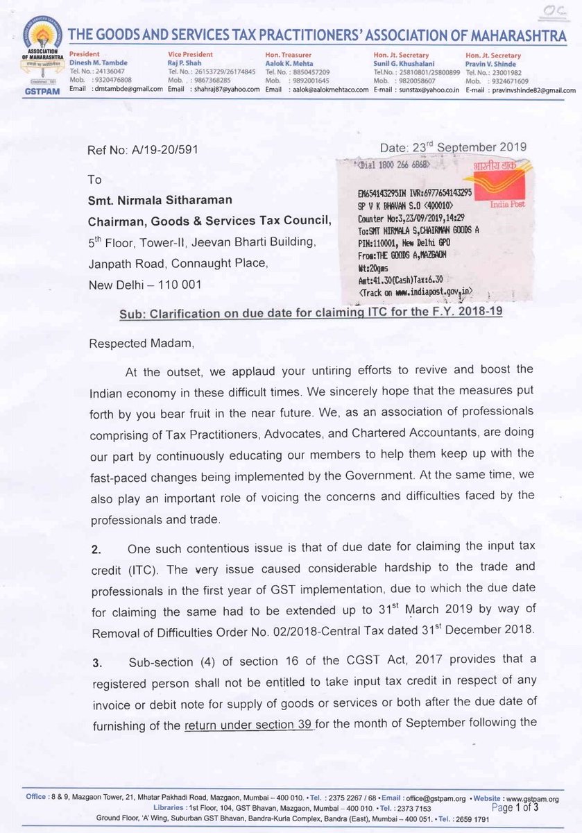 adityasurte's tweet image. Representation made by #GSTPAM to the Union FM @nsitharaman and @GST_Council for clarification on the contentious issue of due date of claiming ITC for F.Y. 2018-19 and extension of the same in view of recent litigation.

#GST