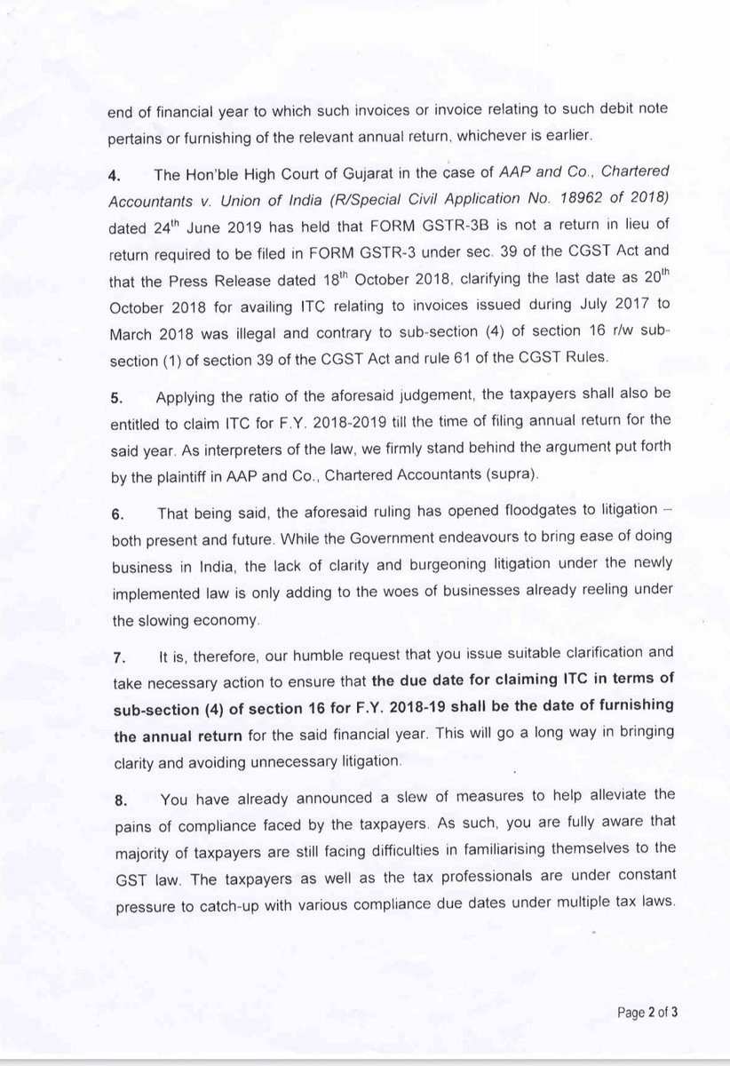 adityasurte's tweet image. Representation made by #GSTPAM to the Union FM @nsitharaman and @GST_Council for clarification on the contentious issue of due date of claiming ITC for F.Y. 2018-19 and extension of the same in view of recent litigation.

#GST
