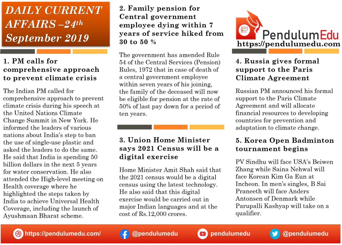 pendulumedu's tweet photo. #CurrentAffairs
#ClimateActionSummit #CentralServicesRules #Census2020 #ParisClimageAgreement #badminton https://t.co/4vD7axn93J
