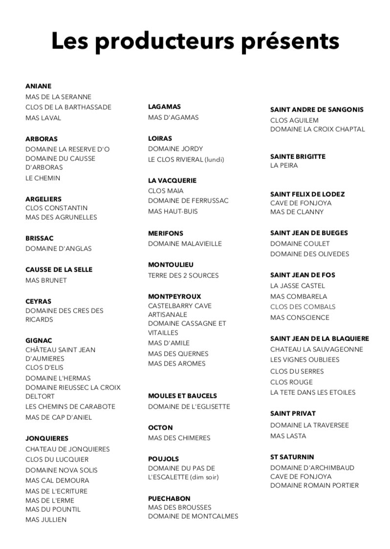 𝗗𝗜𝗠𝗔𝗡𝗖𝗛𝗘 𝟭𝟯 𝗢𝗖𝗧𝗢𝗕𝗥𝗘 ➡️ Soirée autour d’un buffet et tournes broches, l'occasion de déboucher quelques magnums et vieux millésimes
𝗟𝗨𝗡𝗗𝗜 𝟭𝟰 𝗢𝗖𝗧𝗢𝗕𝗥𝗘 ➡️ journée consacrée aux dégustations et quelques agapes à midi

Liste des #vignerons présents: