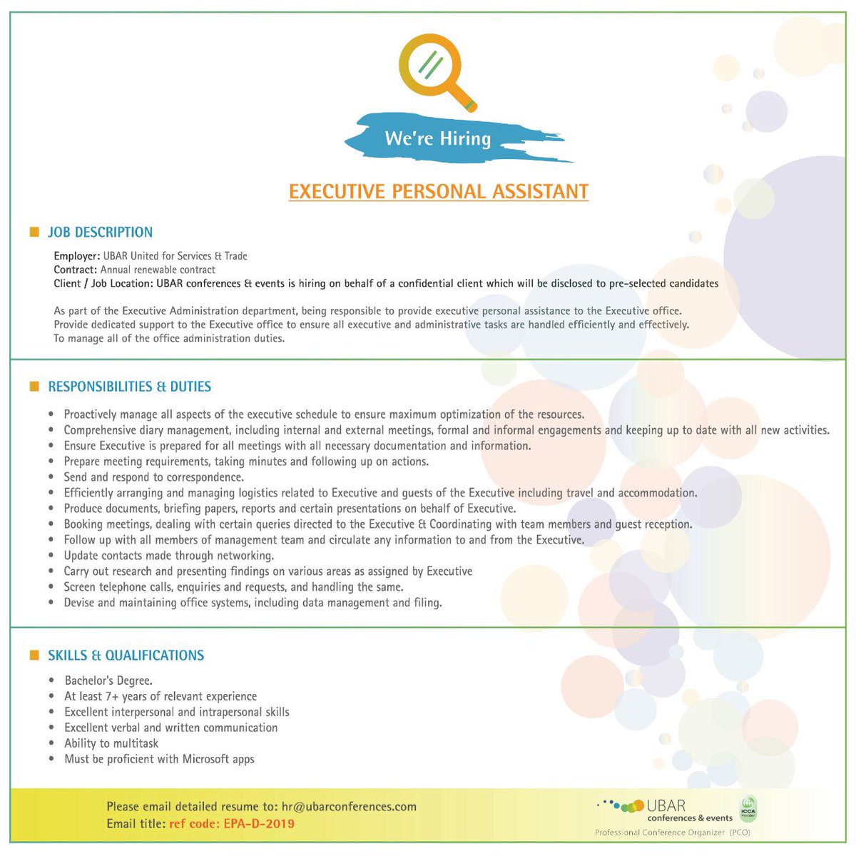 EventsUbar's tweet photo. We are hiring!
Position: Executive Personal Assistant 
Please send your CV to hr@ubarconferences.com
#jobvacancy #jobsinoman #omanjobs https://t.co/XO5uY60YuK