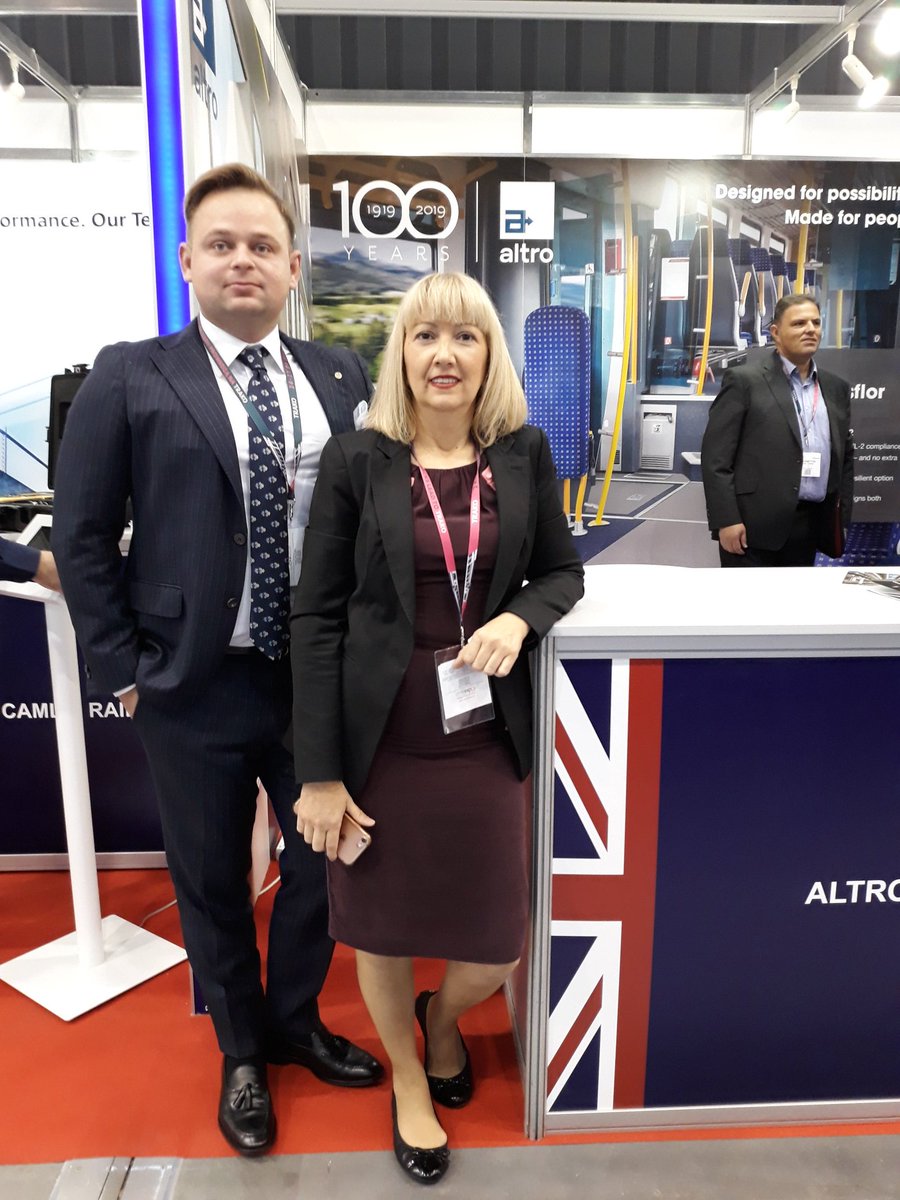heather_altro's tweet photo. We're here at #Trako2019! Come along and speak to Michal, Rita, Alan and Serge about our new high performance HL-2 compliant product, Altro Transflor Motus! Hall A, stand A11 - see you there! #rail #railfloor #ukpavilion #altro #railinterior https://t.co/2zzLAHGFCP