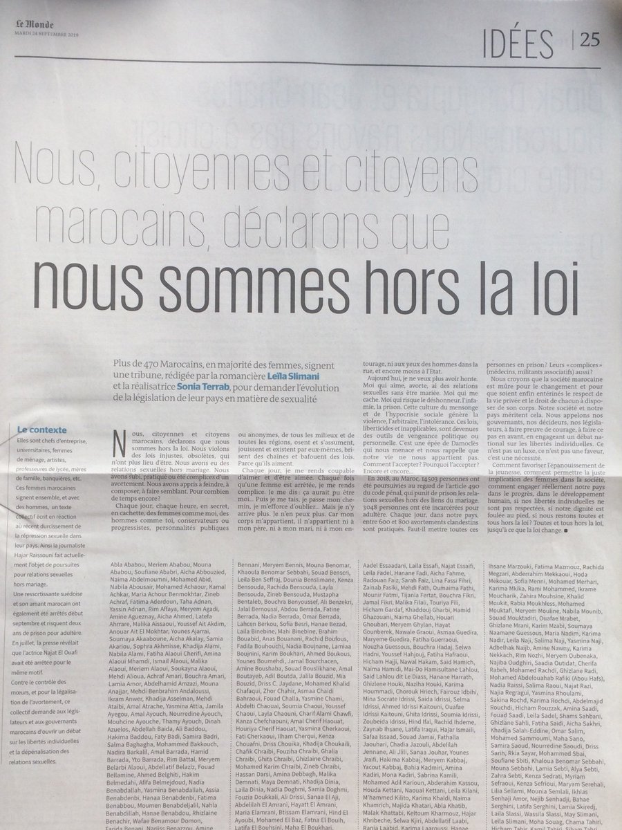 Dans <a href="/lemondefr/">Le Monde</a> aujourd’hui, un manifeste, signé par plus de 470 marocains et rédigé par Leila Slimani, nous rappelle que, en 2019, le droit des femmes reste un combat. #noussommeshorslaloi