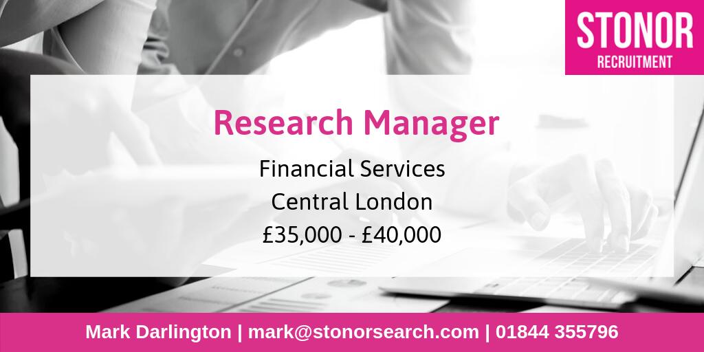 **Research Manager required** in  Financial Services based in Central #London offering £35k - £40k. For more info contact Mark  on mark@stonorsearch.com or call 01844 355796. #ResearchManager #Finance #JobsinLondon  #FinancialServicesResearch #Research #ResearchJobs #JobSearch