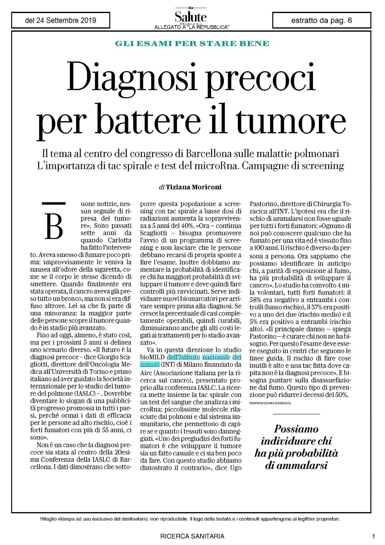 Diagnosi precoci per battere il tumore: il tema al centro del congresso di Barcellona sulle malattie polmonari. L'importanza della tac spirale e del test microRna messi a punto all'@IstTumori. Le campagne di screening sono per tutti, le cure ancora no :-| #noicisiamo https://t.co/yIREk3XzJU