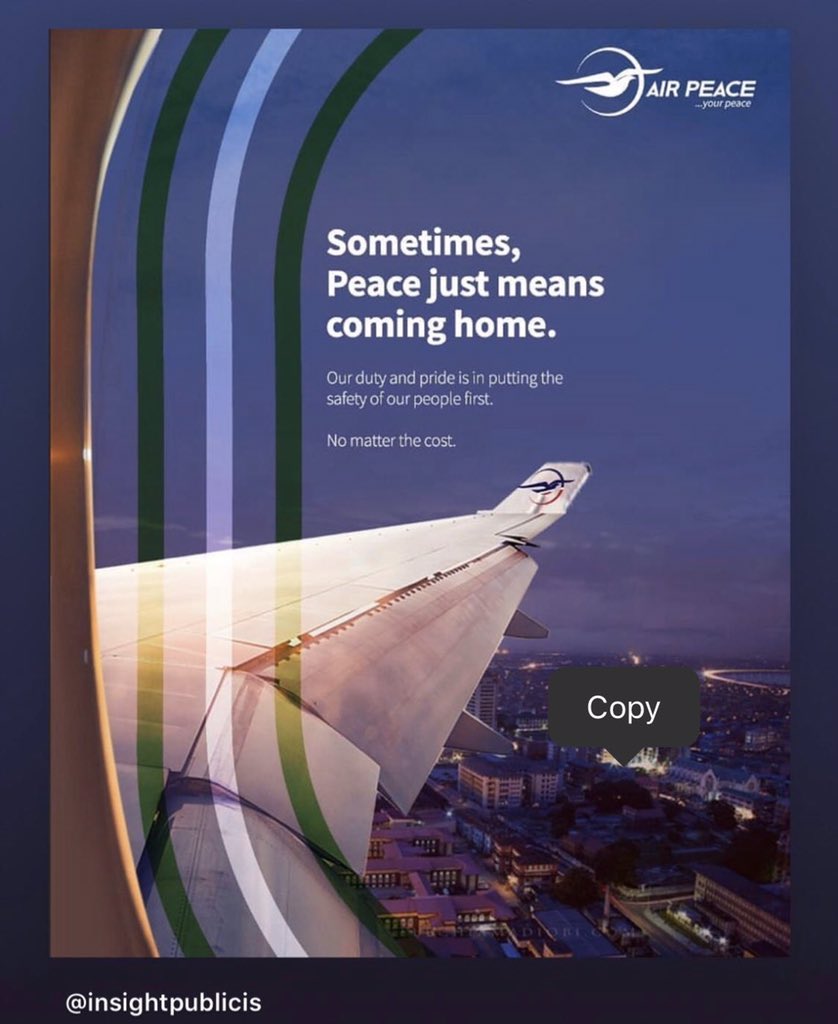 DrBone5's tweet photo. This Air peace ad got me thinking. We owe them alot for the level of Patriotism and commitment shown during the #xenophobiaattacks that happened in South Africa. Thank you Air Peace.
@InsightPublicis @NigeriaGov @nassnigeria @MBuhari

Lagos Satan for 990 NYSC #FIFAFootballAwards https://t.co/zmxQzIpvJT