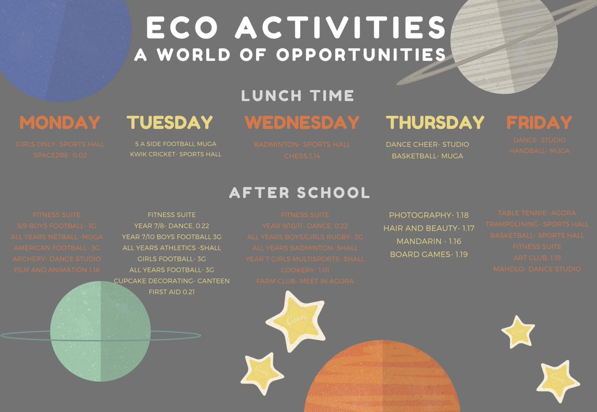 Last year our students got the opportunity to experience 72 different activities through our ECO offer. This included floristry, animal care, table tennis, lego robotics, skateboarding and Dj’ing... to name a few.

Come to our Open Evening on Thursday from 16:00 to find out more!