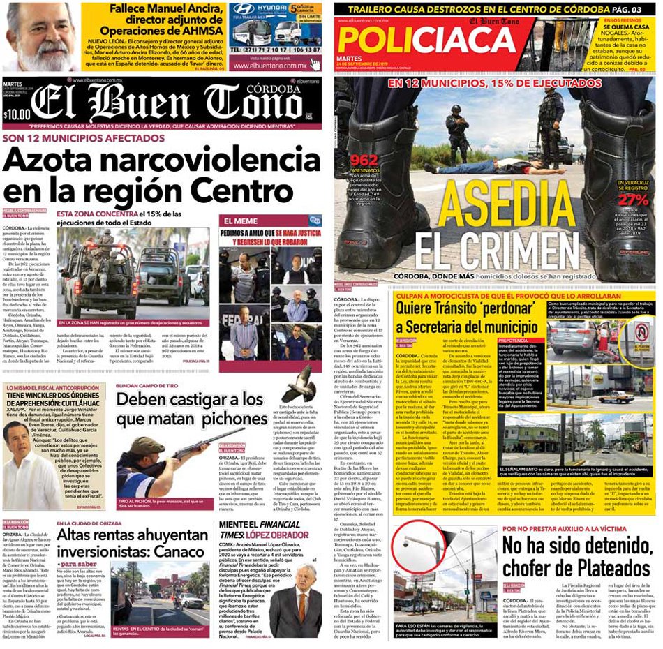 ¡Buen día! Nuestras portadas del día de hoy martes 24 de septiembre de 2019

#ElBuenTono #Córdoba #Policiaca #Portadas