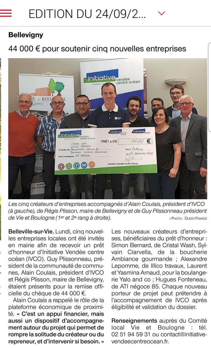 La PRESSE en parle!
Signature de 44000 de prêts d'honneur accordés aux Entrepreneur.e.s Initiative à #bellevigny ! Bravo au dynamisme du comité local #VieetBoulogne !
<a href="/GuyPLISSONNEAU/">Guy PLISSONNEAU</a>
<a href="/INITIATIVE_PdL/">INITIATIVE_PdL</a> 
<a href="/InitiativeFR/">Initiative France</a>