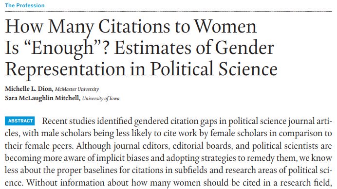 New on #FirstView: 'How Many Citations to Women Is 'Enough'? Estimates of Gender Representation in Political Science' from @michelledion and @sbmitche. Read now: bit.ly/2miMrk5 #womenalsoknowstuff