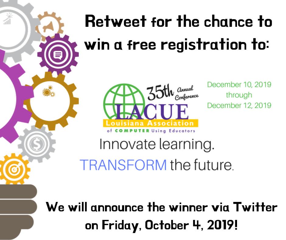We are running a contest!!! Retweet this post to be entered to win a FREE registration to #LACUE19!!  <a href="/Drtamssen/">Dr. Tammy Seneca</a> #WeAreLACUE
