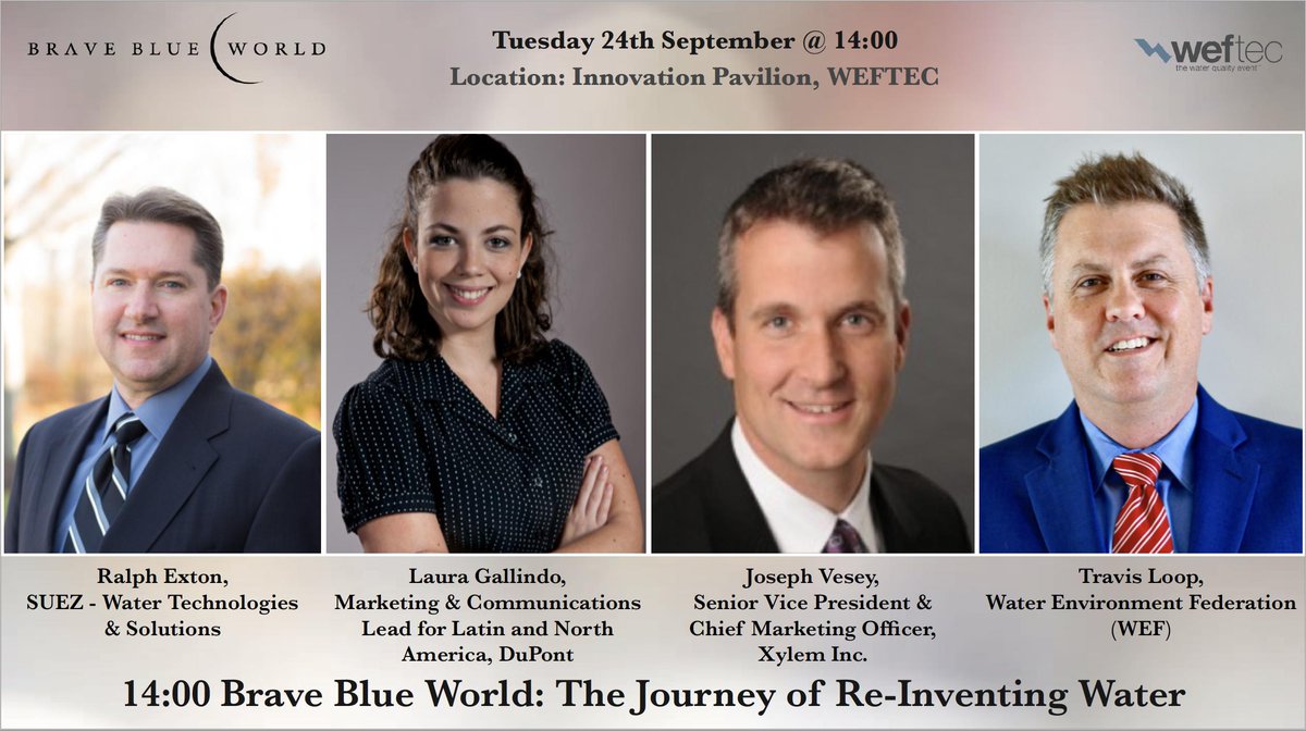 bravebluewrld's tweet image. Don’t miss our panel discussion on ’The Journey of Reinventing Water’ today at 14:00 in the Innovation Pavilion at #weftec19! Joining us in this session are some of Brave Blue World Foundation’s key partners. Looking forward to seeing you all there! #braveblueworld