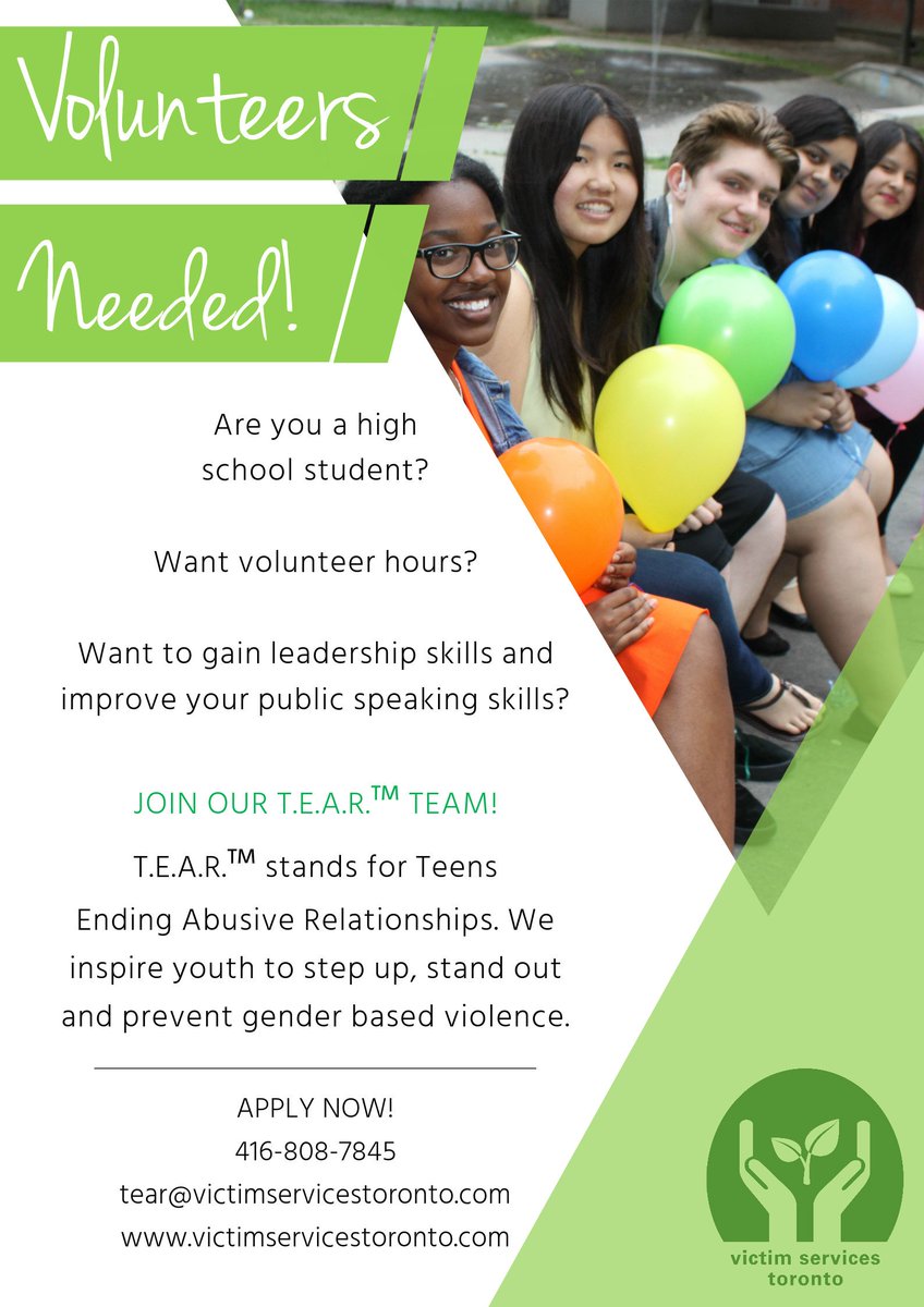 YouthToronto's tweet photo. Currently in high school? Want volunteer hours?
Passionate about advocating for change?

Join the TEAR youth leadership program! This program inspires youth to step up, stand out and prevent gender based violence.

More info: https://t.co/SOi8AImV5a https://t.co/cNfDSpYUhS