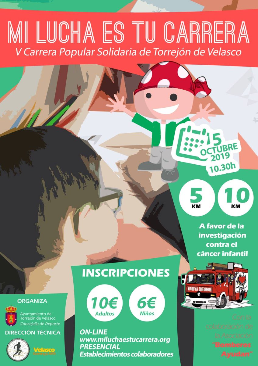 bomberosayudan's tweet photo. Tenemos una cita deportiva #Runners 5 de #October en #TorrejonDeVelasco V CarreraPopular Solidaria a favor de la #InvestigacionCancerInfantil Ayudas a difundir? Seguro que conoces a muchos corredores. #BomberosAyudan #RunnersSolidarios #PequeñosGuerreros  https://t.co/UyPt1GoMzz https://t.co/JXwYhrQAHA