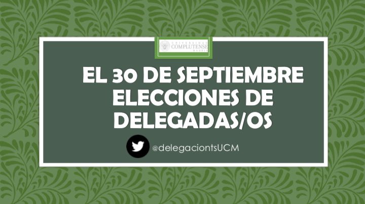 📬Elecciones a delegados/as de clase📬

📆 30 de septiembre 

🕒 Las representantes de la <a href="/delegaciontsUCM/">Delegación Trabajo Social</a> pasarán por las aulas en diferentes horarios 

✅Cómo sabéis los espacios de representación son importantes para el funcionamiento y la convivencia en la vida universitaria.