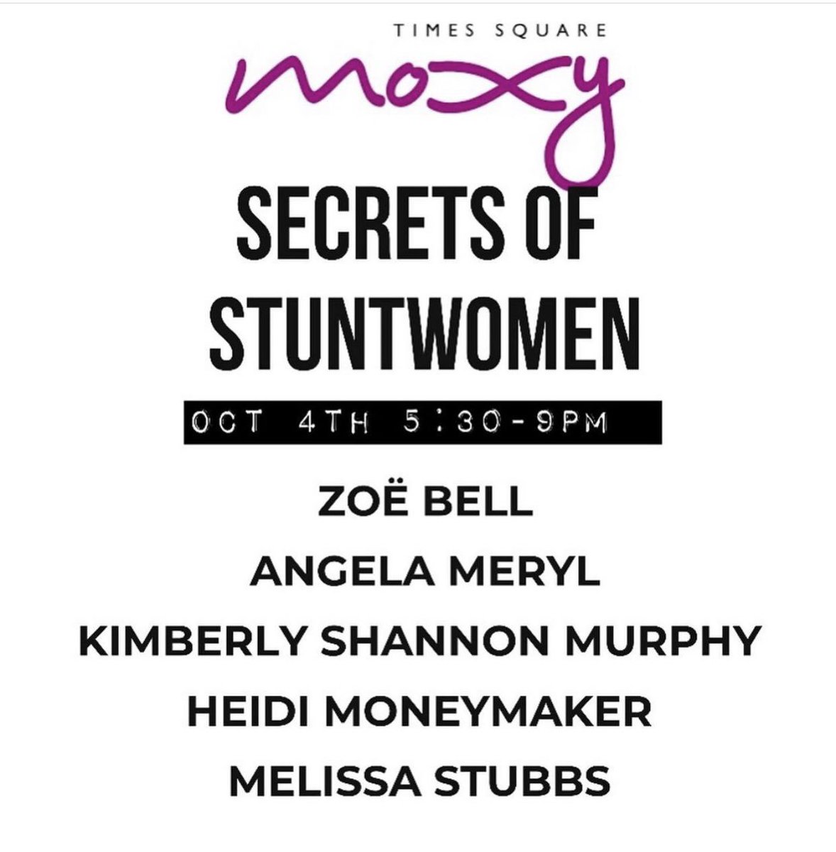 MeganHubbell's tweet photo. ⏰Don’t miss this BadASS Stunt Panel! Some of the most incredibly talented & successful women in the industry- 10/4 @ The Moxy Times Square NYC! Get UR tickets➡️ RSVP@moxttimessquare.com
#StuntPanel #MoxyNYC #ZoeBell #MelissaStubbs #HeidiMoneymaker #AngelaMeryl #KimberlyMurphy https://t.co/IrmA7zJhEk