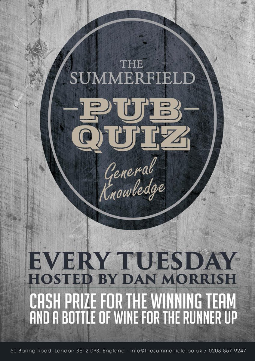 Join us tonight for the Summerfield Quiz. General knowledge, music and picture rounds galore! Cold hard cash to the winners, a bottle of wine to the gallant runners-up.