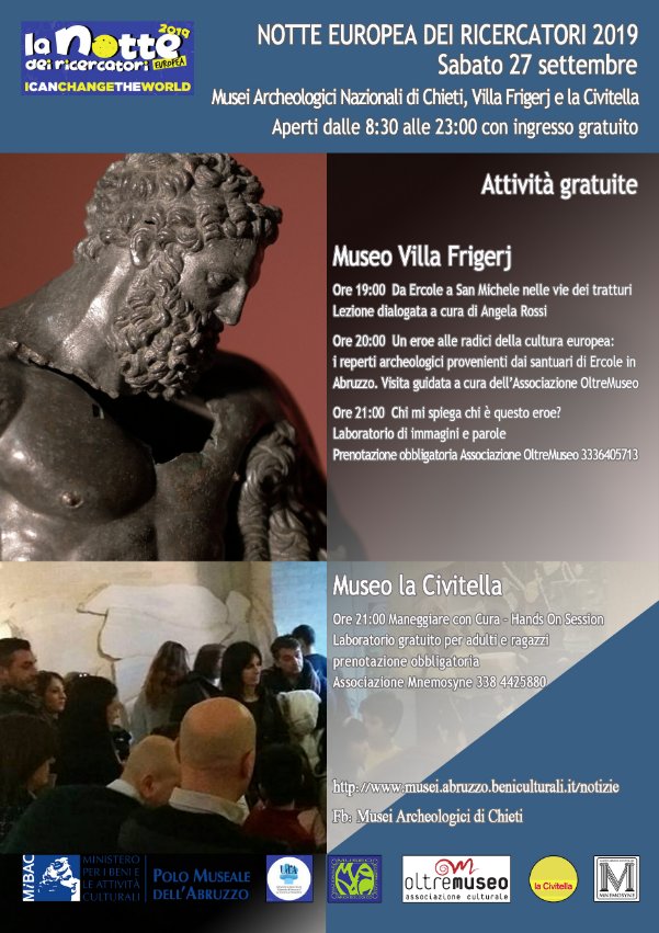 DRMAbruzzo's tweet photo. Ricordate: sabato #27settembre la città di #Chieti ospiterà la #NotteEuropeaDeiRicercatori2019! I #Museiarcheologicidichieti hanno preparato una serie di interessantissime attività. Tutti i dettagli nella locandina allegata!
@visit_abruzzo @museumforkids @art_kids @kidsarttourism https://t.co/njr6V5utkd