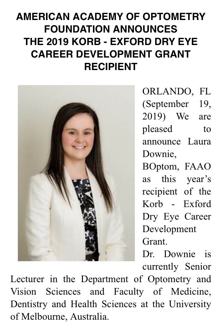 Such an honour to be the recipient of the 2019 Korb-Exford Career Development Award. Thank you to Drs Korb and Exford, and the American Optometric Foundation for this privilege. @UniMelbDOVS @UniMelbMDHS @unimelb @OptometryAus #FrontTear lab