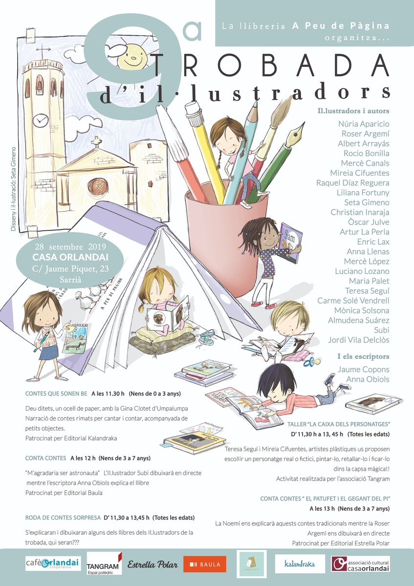AnimallibresEd's tweet photo. Aquest dissabte trobada d'il·lustradors @apeudepagina! Tallers, contactontes i un munt d'il·lustradors en persona.
📅 Dissabte, 28/9
⏱ A partir de les 11.30
📍 @Casaorlandai
@MarisaGimeno1 @oscarjulve #MerceLopez #RocioBonilla #JordiVilaDelclos #Subi #AnnaObiols https://t.co/vWVu1180DX