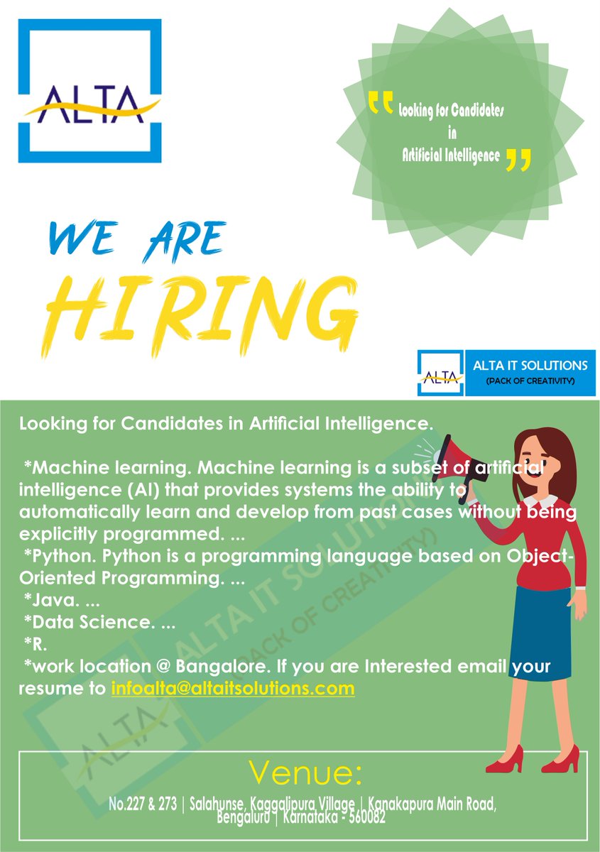 ALTAIT2's tweet photo. Looking for candidates in Artificial Intelligence.
Interested people can send resumes to 
infoalta@altaitsolutions.com
#HiringNow #ArtificialIntelligence #jobseekers https://t.co/vEAYDCUN7D