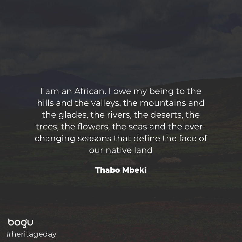 bogu_work's tweet photo. “I am an African. I owe my being to the hills and the valleys, the mountains and the glades, the rivers, the deserts, the trees, the flowers, the seas and the ever-changing seasons that define the face of our native land” -Thabo Mbeki
#heritageday2019
#heritagedaysouthafrica https://t.co/L6chUPQSXD