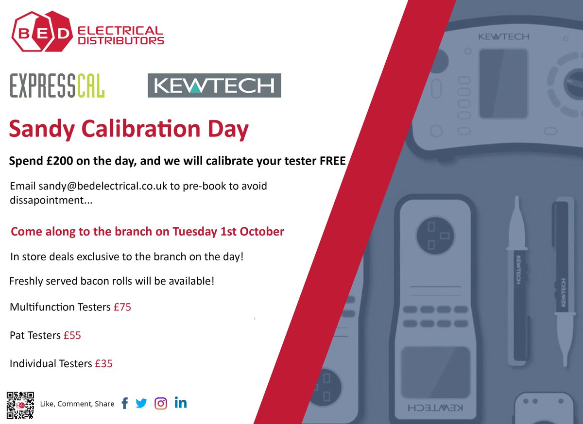 Sandy Calibration Day on Tuesday 1st October!! Put it in your diary... We're holding a cal day at our Sandy branch with freshly served bacon rolls on arrival and deals on the day! Spend £200 on the day and we'll calibrate your tester for FREE!!