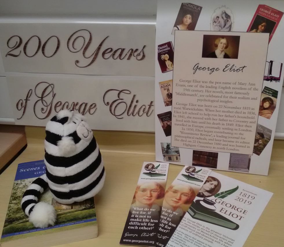 GEHSWFTLibrary's tweet photo. This year it is 200 years since the birth of our hospital's namesake, George Eliot.  #Billythelibrarycat is looking forward to some new editions of her books coming soon to the library - in the meantime we have older copies of her works. #teameliot #library https://t.co/qNHACjZD2i