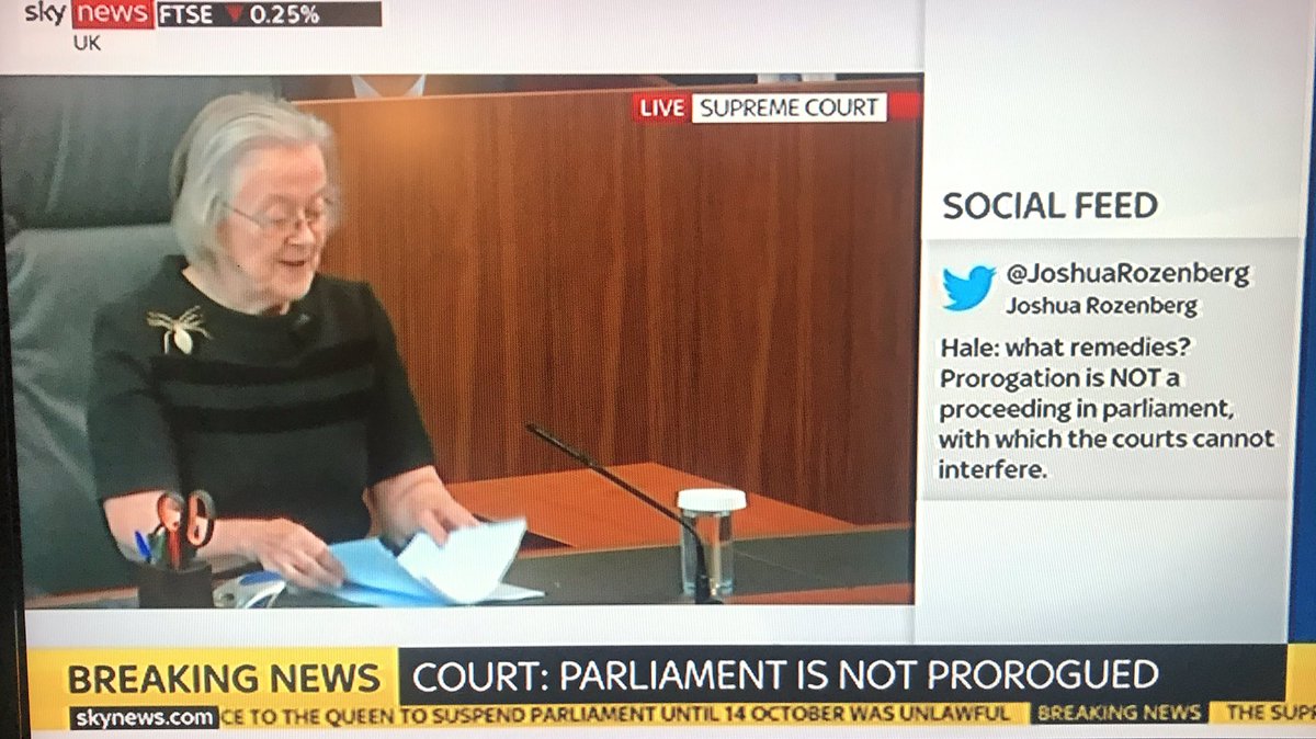 Lady Hale delivers a unanimous decision of the Supreme Court —  excoriating with comprehensive condemnation: purported prorogation was “unconstitutional, void and of no legal effect,” therefore prorogation of UK parliament is null and void. #BrexitBombshell