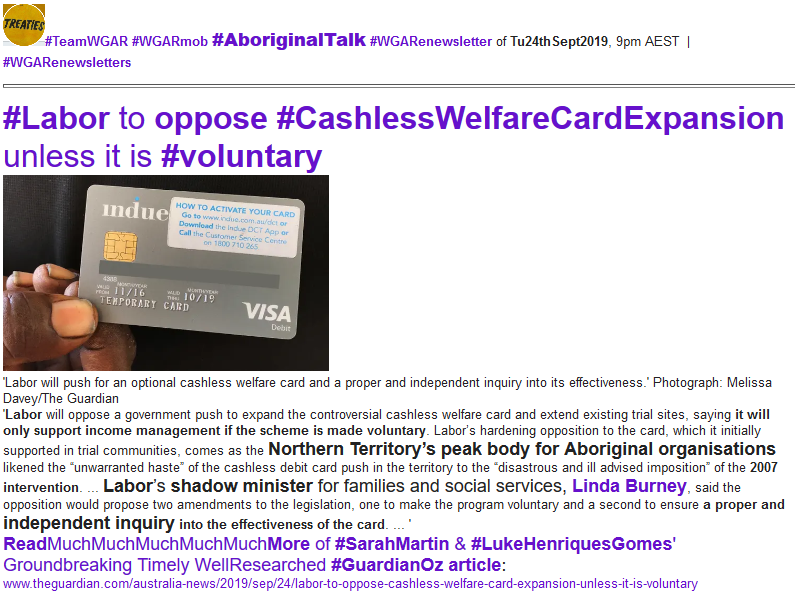 WgarNews's tweet photo. #AboriginalPeakOrgs Condemn #CashlessCards as #LaborPushes for #VoluntaryScheme, #IndependentInquiry into Effectiveness of #CashlessDebitCard: https://t.co/nWxqHk6yXw https://t.co/9lHCB89T20 #AboriginalTalk 24Sep19 ft #APONT #CDC #AboriginalNTIntervention: https://t.co/3MeOXMPnN8 https://t.co/TIslSpunsC
