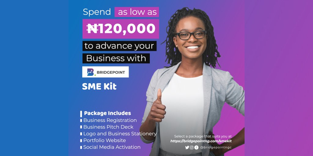 bridgepointNgC's tweet photo. Spend as low as N120,000 to advance your business with #BridgepointSMEkit. Get Started at https://t.co/N9SAIZKFb7 https://t.co/YVVIkPqcV4