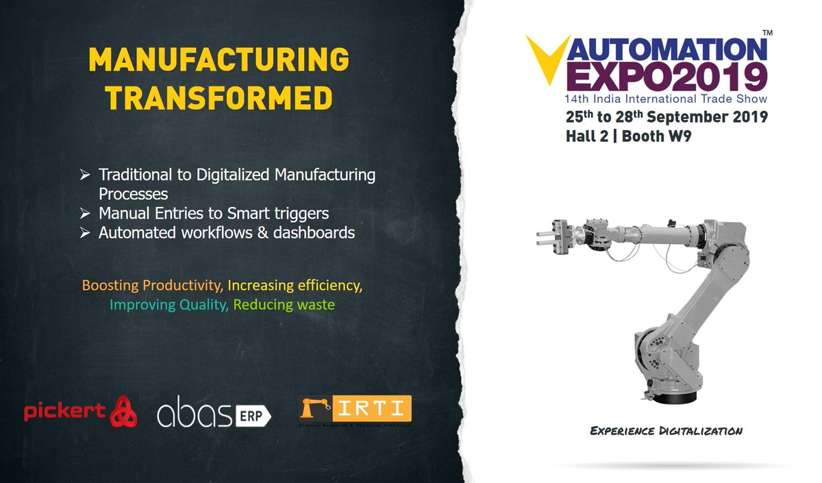 abas_India's tweet photo. @abas_India @pickertgmbh &amp; IRTI Robotics together delighted to be an exhibitor #AutomationExpo2019 @IEDAutomation Be ready for the digitalization. 
Visit us: Hall 2, Booth W9.

Avail our special corporate packages to assess your digital readiness level!

#digitalordead #abaserp https://t.co/MzEd4Nmuz5