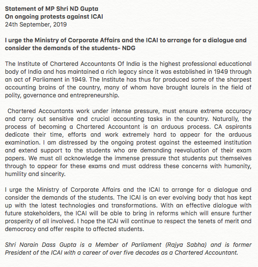AAPNDGupta's tweet photo. I urge the Ministry of Corporate Affairs and @theicai to consider the demands of the students and offer respite to affected students. My full statement: https://t.co/ElnOkTXxgg