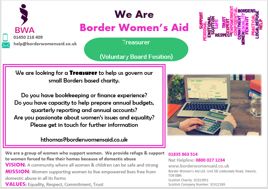 BorderWomensAid's tweet photo. We are looking for a treasurer for our Scottish Borders based charity. Email for details.  #charity #volunteer https://t.co/hP0PgcbJZy